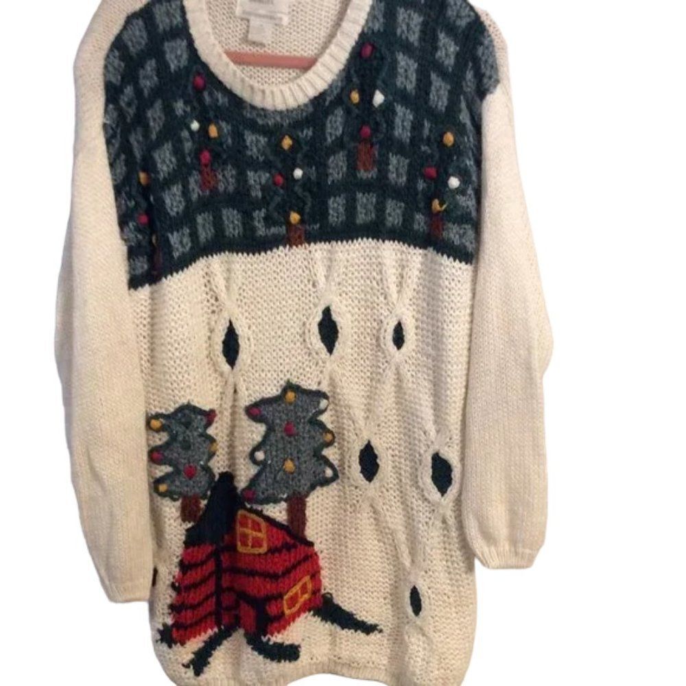 Vintage Hand knitted ugly christmas sweater Medium M trees house ornaments
